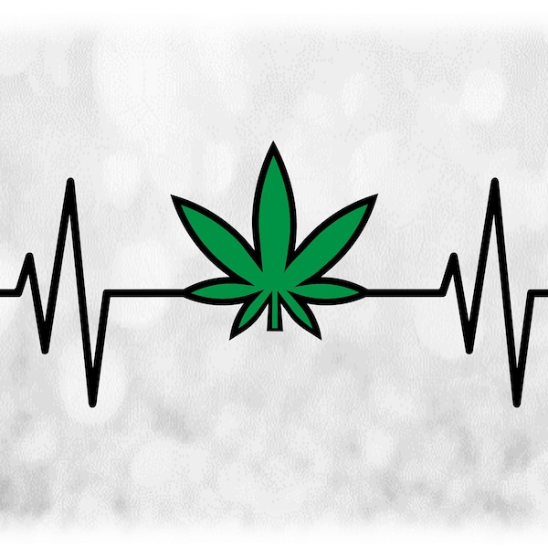 Nature Clipart: Black and Green Marijuana Leaf in Electrocardiogram, EKG, Heartbeat , Heart Rate with Weed, Pot - Digital Download SVG & PNG