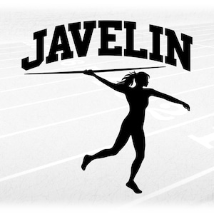 Sports Clipart: Arched Black Track & Field Word "Javelin" with Cutout of Female Athlete Throwing - Digital Download svg png dxf pdf