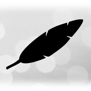 May include: A black silhouette of a feather on a white background with a blurred out pattern.