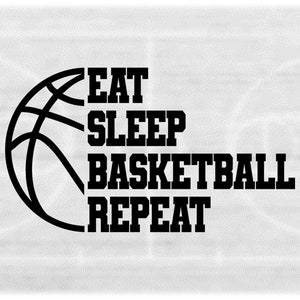 Clipart deportivo: Baloncesto medio negro con palabras "Eat Sleep Basketball Repetir" - Jugadores Padres Entrenadores - Descarga digital svg png dxf pdf