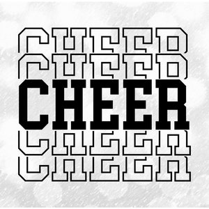 May include: Black and white graphic design with the word "CHEER" in bold, block letters. The word "CHEER" is surrounded by a pattern of stacked, outlined letters.