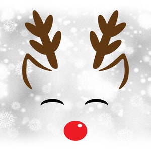 Holiday Clipart: Rudolph geïnspireerd rendier met gelukkige gesloten ogen, oren, geweien, rode neus voor kerstmis thema - Digitale download SVG & PNG