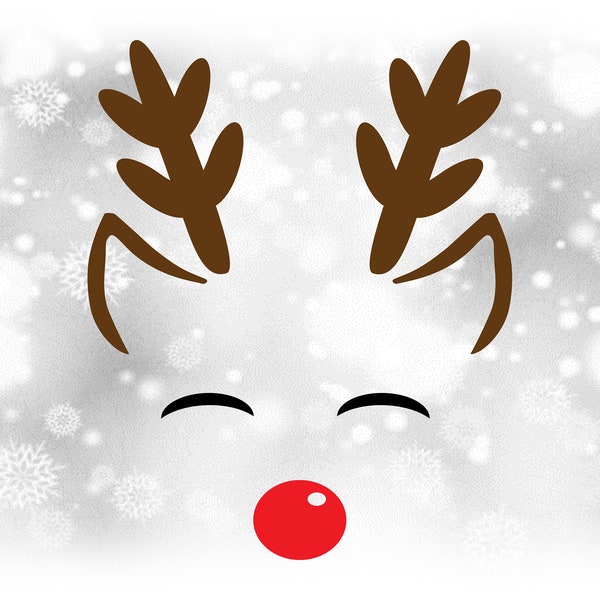 Holiday Clipart: Rudolph Inspired Reindeer with Happy Closed Eyes, Ears, Antlers, Red Nose for Christmas Theme - Digital Download SVG & PNG