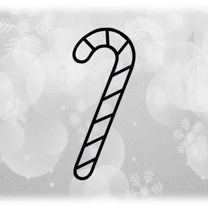 May include: A black and white candy cane illustration on a white background with a snowflake pattern.
