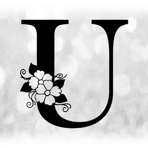 Word Clipart: Schwarzer Formal Capital Letter "U" mit Floral/ Blumen Akzenten - Farbe ändern mit eigener Software - Digitaler Download SVG & PNG