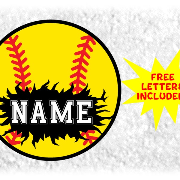 Sports Clipart: Black and Yellow Softball w/Cracked Open Name Frame Space to Add Player Name/Team Name - Digital Download svg png dfx pdf