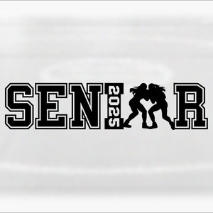 Sports Clipart: Black Word "SENIOR" in Collegiate Style with Year 2025 and Female Wrestlers as Letter "O" - Digital Download svg png dxf pdf