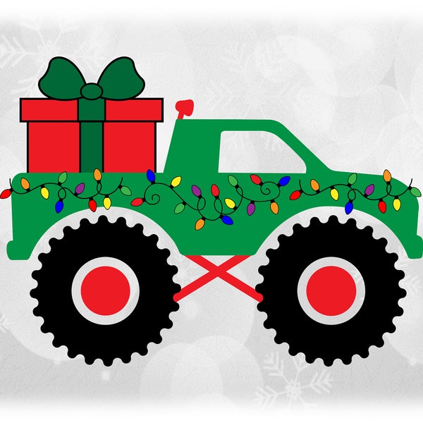 Car/Automotive Clipart: Red and Green Christmas Theme Monster Truck with Holiday Light Strands and Present/Gift - Digital Download SVG & PNG