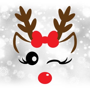 Holiday Clipart: Meisje of vrouwelijk rendier met knipogend oog, wimpers, boog, oren, gewei, rode neus voor Kerstmis - Digitale download SVG/PNG