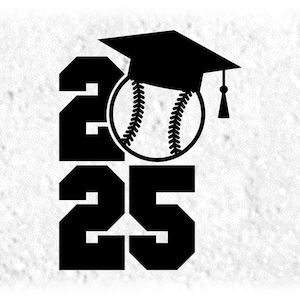 Educational Clipart: Black Bold Year "2025" Varsity Style w/ Graduation Cap & Softball/Baseball Letter "0" Digital Download svg png dxf pdf