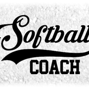 Imágenes prediseñadas deportivas: Palabra negra "Softball" con estilo de béisbol Swoosh Underline y "Coach" en estilo de tipo universitario - Descarga digital SVG & PNG