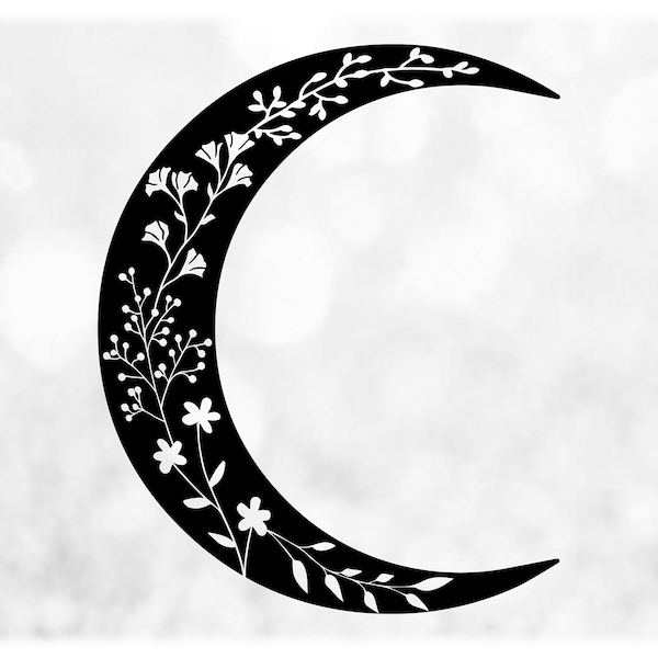 Holiday Clipart: Black Crescent Moon for with Wild Flowers Cutout for Celestial, Wiccan/Witch, Astrology - Digital Download svg png dxf pdf