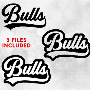 May include: Three black and white "Bulls" logos in a script font with a curved banner design. The text "3 FILES INCLUDED" is in red. The logos are set against a blurred, light gray background.