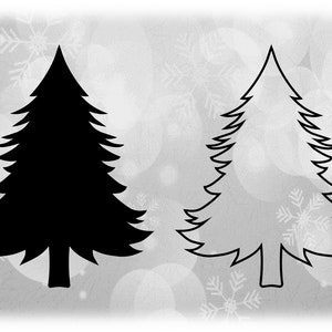 Clipart de Noël: Noir solide et contour Wispy Evergreen / Pin Arbre pour l’hiver, Noël, Célébration de Noël - Téléchargement numérique SVG & PNG