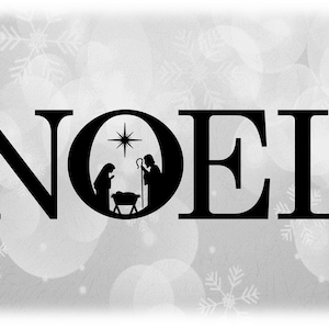 Clipart navideño: Tema de Navidad Palabra negra "Noel" en letras elegantes con escena del pesebre del Niño Jesús en la letra "O" - Descarga digital SVG / PNG