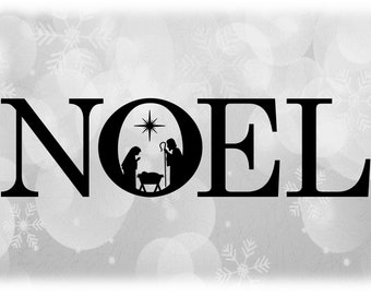 Vakantie Clipart: Kerst Thema Zwart Woord "Noel" in Fancy Letters w / Baby Jesus Manger Scène in de Letter "O" - Digitale Download SVG / PNG