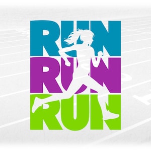 Sports Clipart: Colored Words &quot;RUN&quot; w/ Cutout of Female Athlete Running - Track & Field or Cross Country - Digital Download svg png dxf pdf