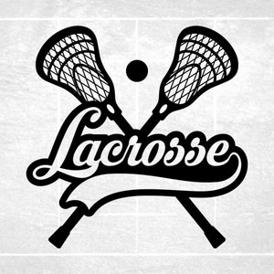 Sports Clipart: Black Lacrosse Sticks/& Ball w/ Word "Lacrosse" in with Baseball Swoosh Underline Cutout - Digital Download svg png dxf pdf