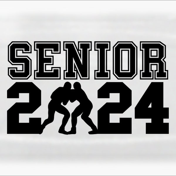 Sports Clipart: Black Words "Senior" and "2024" in Varsity Style with Two Male Wrestlers as Letter "O" - Digital Download svg png dxf pdf