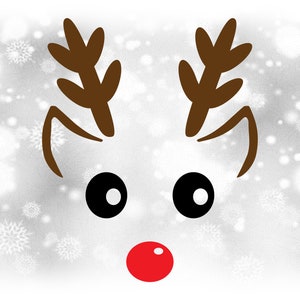 Holiday Clipart: Mannelijke of Unisex rendieren met zwarte gewaagde open ogen, bruine oren en geweien, rode neus voor Kerstmis - Digitale download SVG/PNG