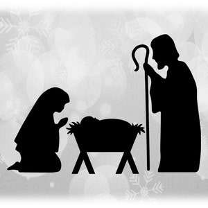 Holiday Clipart: Black Silhouette of Christmas Nativity Manger Scene with Baby Jesus, Mary, and Joseph - Digital Download svg png dxf pdf