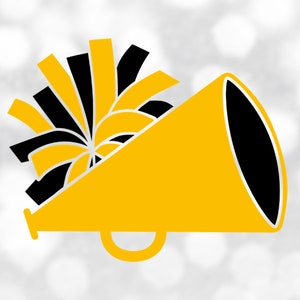 Sports Clipart: Black and Gold Cheerleader Megaphone with Pom Pom for Cheer, Cheering, Cheerleading, Poms - Digital Download svg png dxf pdf