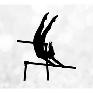 Sports Clipart: Black Gymnastics Silhouette of Female Gymnast with Ponytail Doing Routine on Uneven Bars - Digital Download svg png dxf pdf