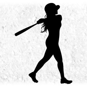 Sports Clipart: Black Silhouette of Female Softball Player Wearing Helmet Swinging Through with Bat - Digital Download svg png dxf pdf