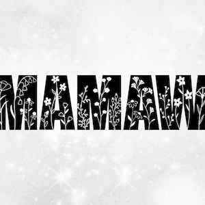 May include: Black and white graphic design featuring the word "MAMAN" with floral illustrations. The letters are black, and the flowers are white, set against a sparkling, light gray background. The design is simple and elegant.