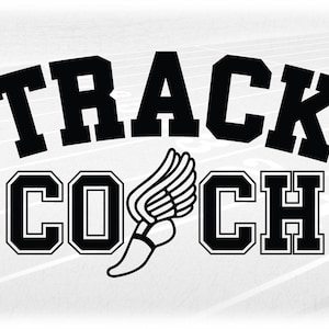 Sports Clipart: Black Words "Track Coach" in College Letters w/ Wing Running Shoe "O" for Track & Field - Digital Download svg png dxf  pdf