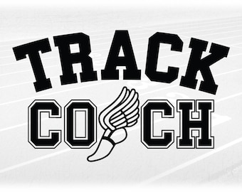 Puede incluir: Diseño gráfico en blanco y negro con el texto "TRACK COACH" en una fuente en negrita y de bloque. Un zapato para correr estilizado con alas está centrado entre las palabras.