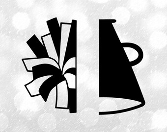 Sports Clipart: Black Cheerleader Pom and Megaphone Silhouette Split Name Frame to Personalize for Cheer - Digital Download svg png dxf pdf