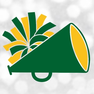 Sports Clipart: Green and Gold Cheerleader Megaphone with Pom Pom for Cheer, Cheering, Cheerleading, Poms - Digital Download svg png dxf pdf