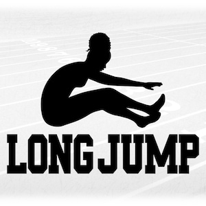 Sports Clipart: Black Track & Field Words "Long Jump" with Silhouette of Female Jumper Jumping Toward Pit - Digital Download svg png dxf pdf