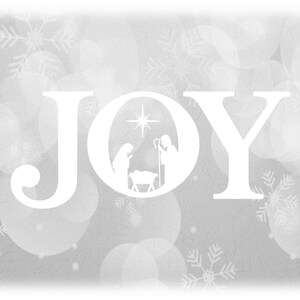 Holiday Clipart: BWhite Word "Joy" in Fancy Letters with Baby Jesus Manger Scene Inside - Christmas Theme - Digital Download svg png dxf pdf