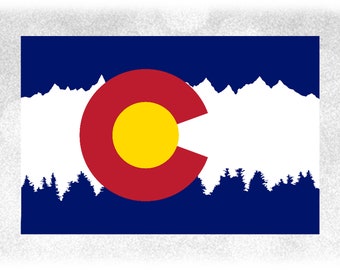 Geography Clipart: Official Colorado State Flag w/ Silhouettes of Mountain Range & Pine Trees in Stripes - Digital Download svg png dxf pdf