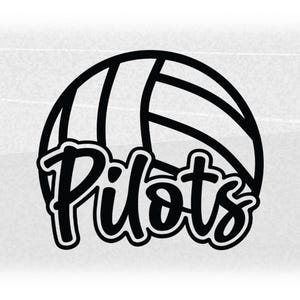May include: Black and white graphic of a volleyball with the word "Pilots" in a stylized font. The volleyball design features curved lines, and the text is outlined in black.