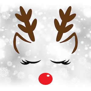 Clipart: Mädchen oder Rentier mit geschlossenen Augen, Wimpern, Ohren, Geweih, rote Nase für Weihnachten - Digital Download SVG & PNG