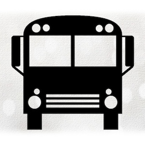 Puede incluir: Silueta negra de un autobús escolar, vista de frente. El autobús tiene dos ventanas rectangulares grandes, faros y un techo redondeado con luces. La imagen está sobre un fondo blanco texturizado.