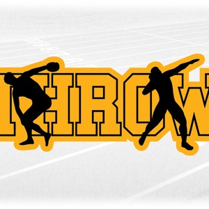 Sports Clipart: Track & Field Black Word "THROW" with Male Discus and Shot Put Thrower Layered on Gold - Digital Download svg png dxf pdf