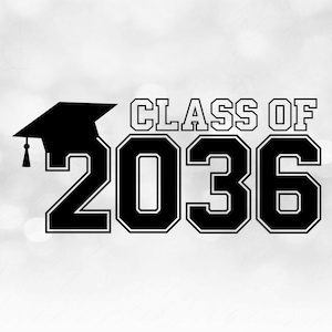 Educational Clipart: Class of 2036 in Bold Black College Style Letters w/ Graduation Cap / Tassel on Top - Digital Download svg png dxf pdf