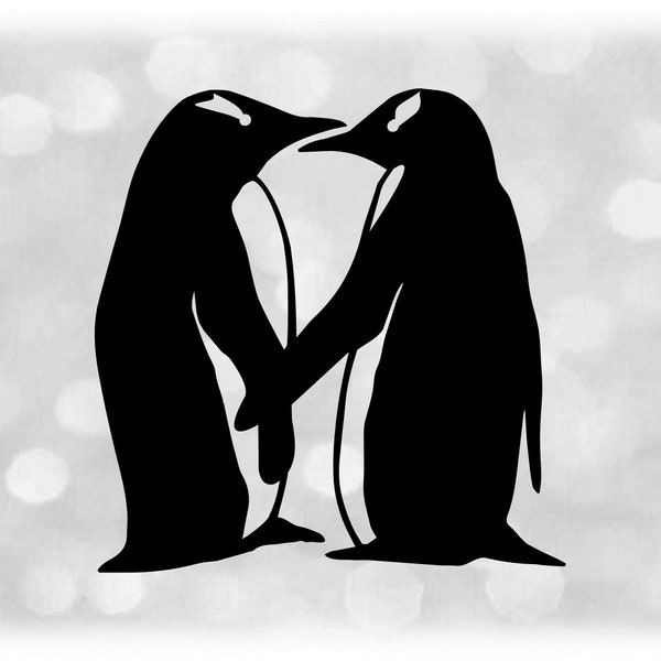 Animal Clipart: Simple Pair of Black Penguin Silhouettes Holding Hands in Love - Change Color Yourself - Digital Download svg png dxf pdf