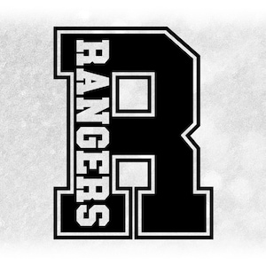 Sports Clipart: Black Letter "R" with "Rangers" Team Mascot Name in College Varsity Style Cutout - Digital Download svg png dxf pdf