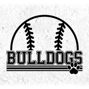 Sports Clipart: Black Half Baseball/Softball with "Bulldogs" Team Name Varsity Style with Paw Silhouette - Digital Download svg png dxf pdf