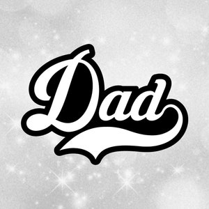 Family Clipart: White  Word "Dad" in Fancy Script Type with Baseball Swoosh Underline Over Black for Dads - Digital Download svg png dxf pdf