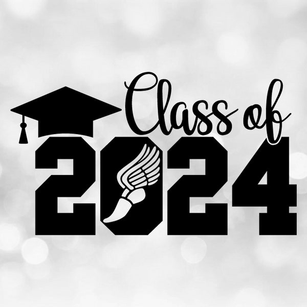 Educational Clipart: Black Words "Class of 2024" in Script & Bold Varsity Style with Track XC Shoe as "O", Digital Download svg png dxf pdf