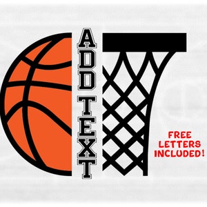 Sports Clipart: Black Bold Half Basketball on Orange & Half Hoop/Net Split Name Frame - You Add Your Text - Digital Download svg png dxf pdf