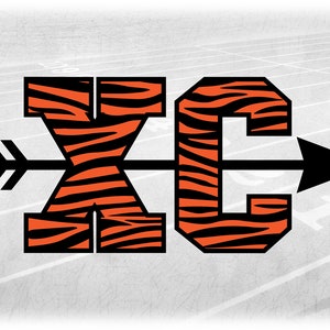 Sports Clipart: Bold  Letters "XC" for Cross Country with Arrow Across in Black/Orange Tiger Stripe Pattern - Digital Download SVG & PNG