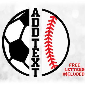 Sports Clipart: Split Name Frame Half Sports Balls w/ Black/White Soccer Ball & Red/White/Black Baseball - Digital Download svg png dxf pdf