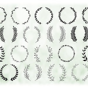 Clipart de naturaleza: paquete económico de 22 coronas de laurel redondeadas negras diferentes con ramitas, hojas y flores - Descarga digital SVG y PNG